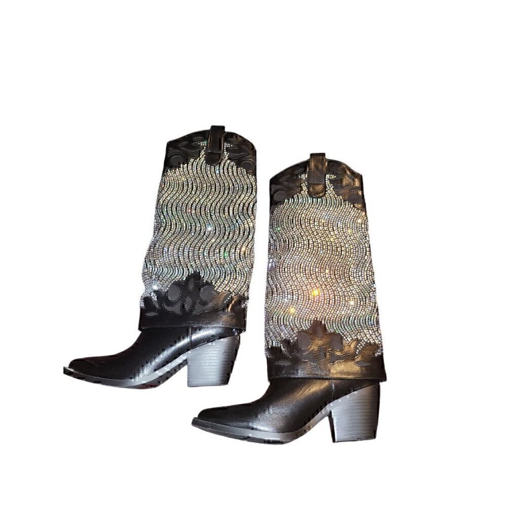Bella Embellished Cowboy Boots - Black Size 6 New - Picture 2 of 9